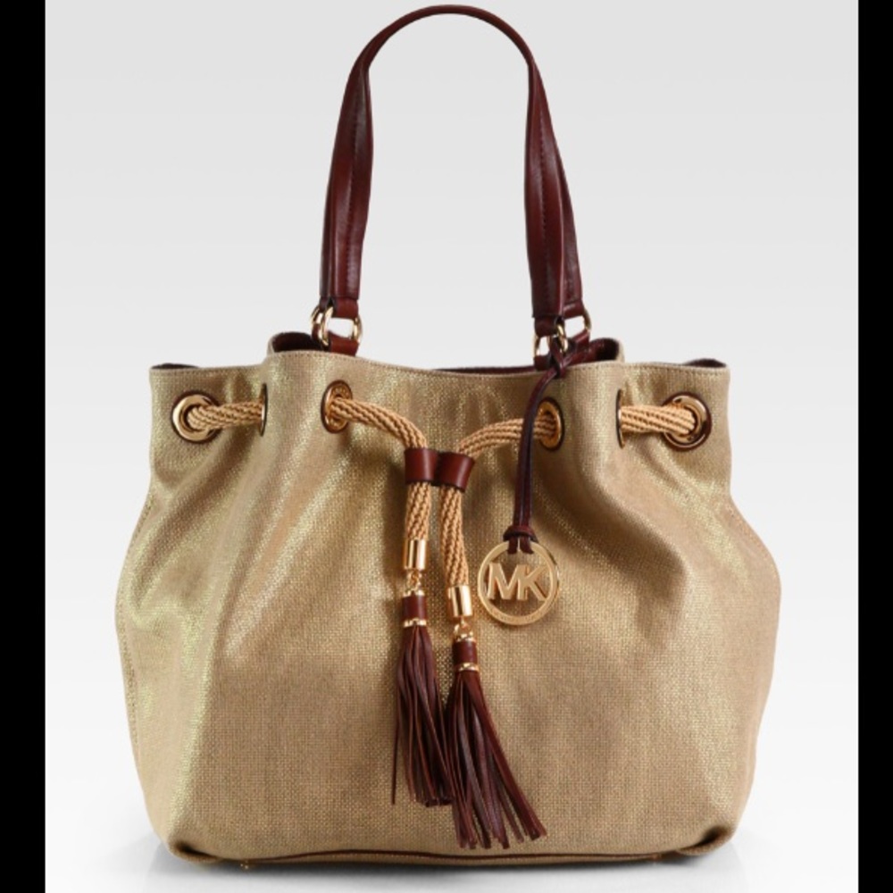 MICHAEL KORS Marina Metallic Canvas Drawstrin Tote